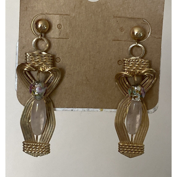 Wire Wrapped gold Beaded‎ Drop Post Earrings - Picture 1 of 6